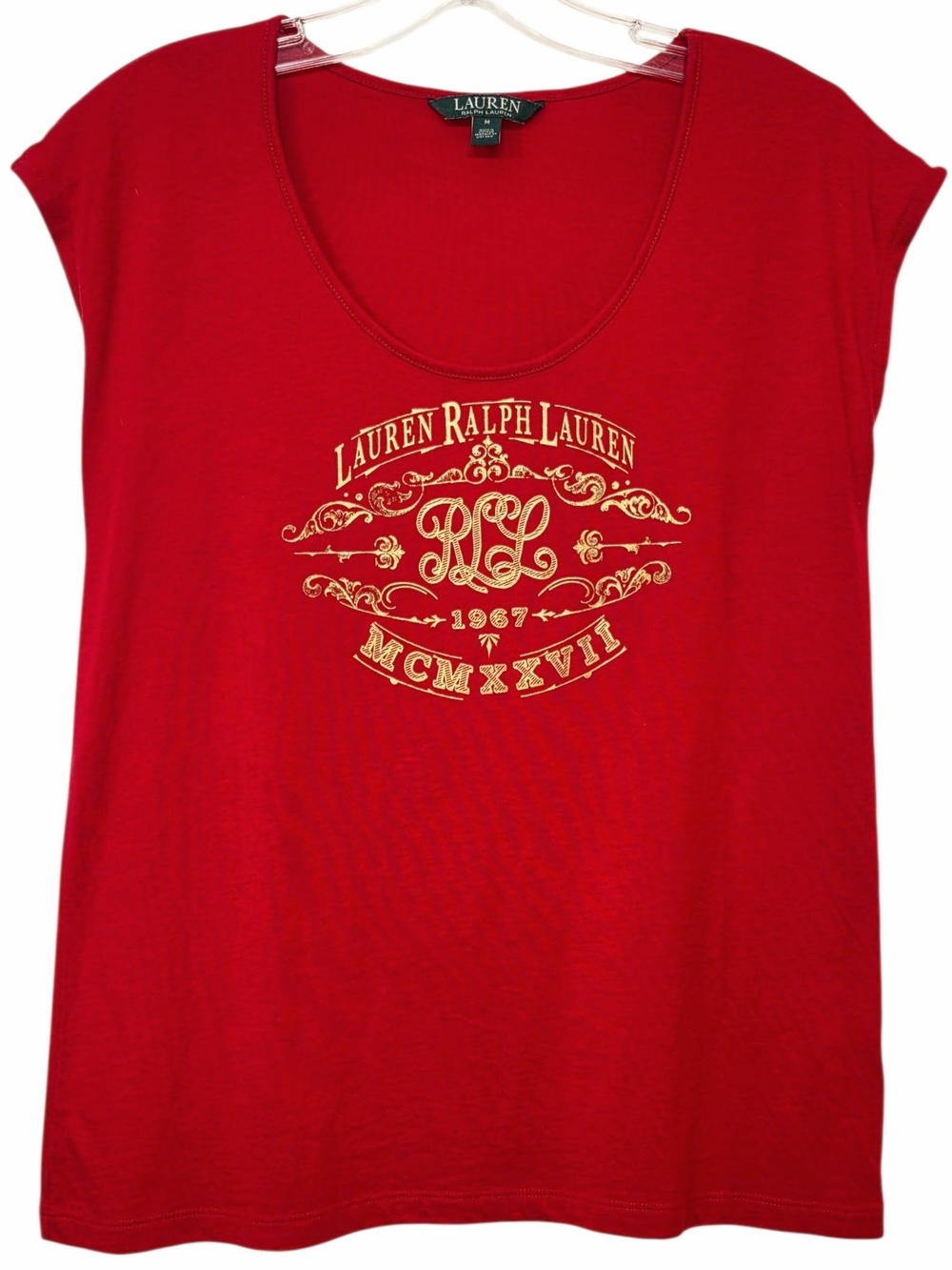 Lauren Ralph Lauren Red Gold Graphic Cap Sleeve Scoop Neck Top Women's M